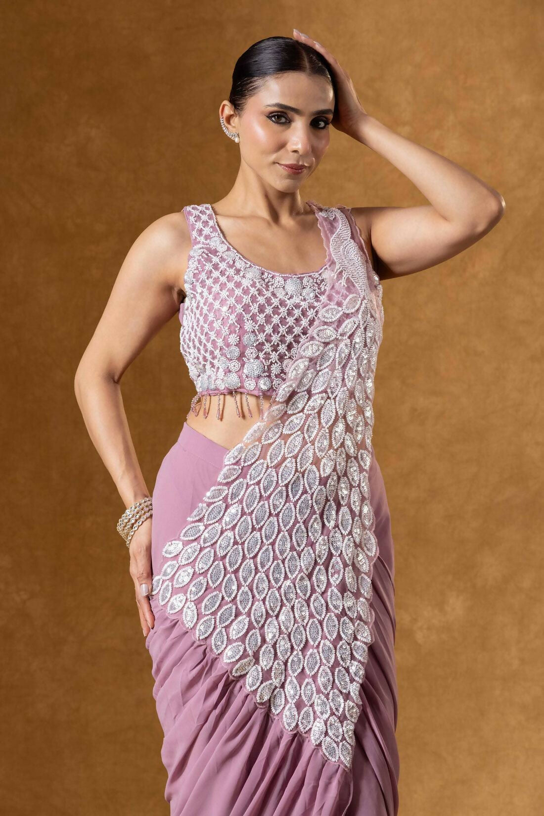Teeya Creation Onion Color Faux Georgette Embroidery Work Party Wear Ready To Wear Saree | Grocsy