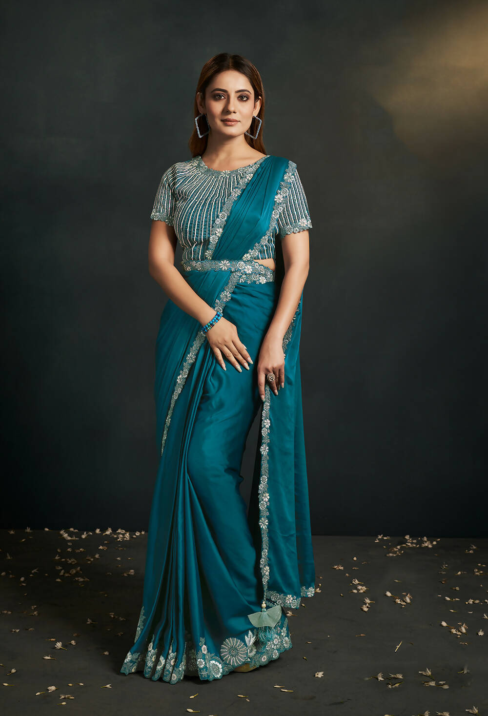 Blue Satin Silk Crepe Cord Sequence & Thread Embroidered & Stone Work Saree - Moh-Manthan Royal Enigma | Grocsy