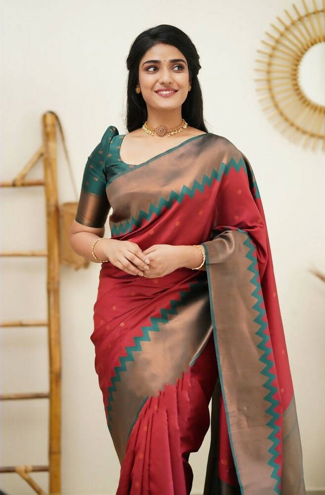 DEIANA'S Beautiful Designer Golden zari Soft Lichi Silk Saree - Maroon | Grocsy