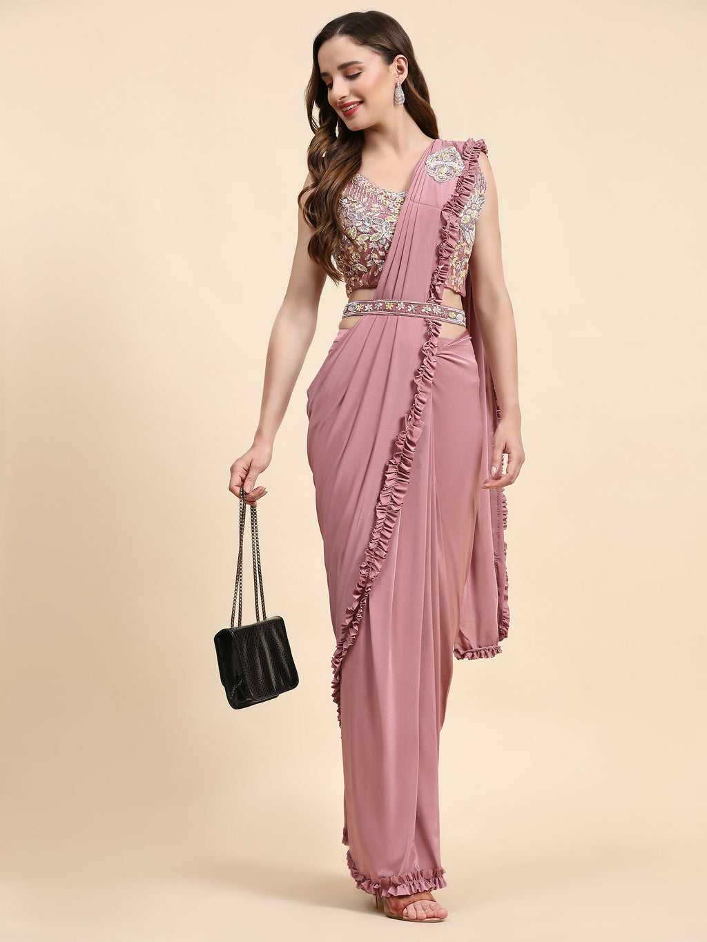 Pink Lycra Solid Ready to wear Saree with stitched Blouse - Vanita | Grocsy