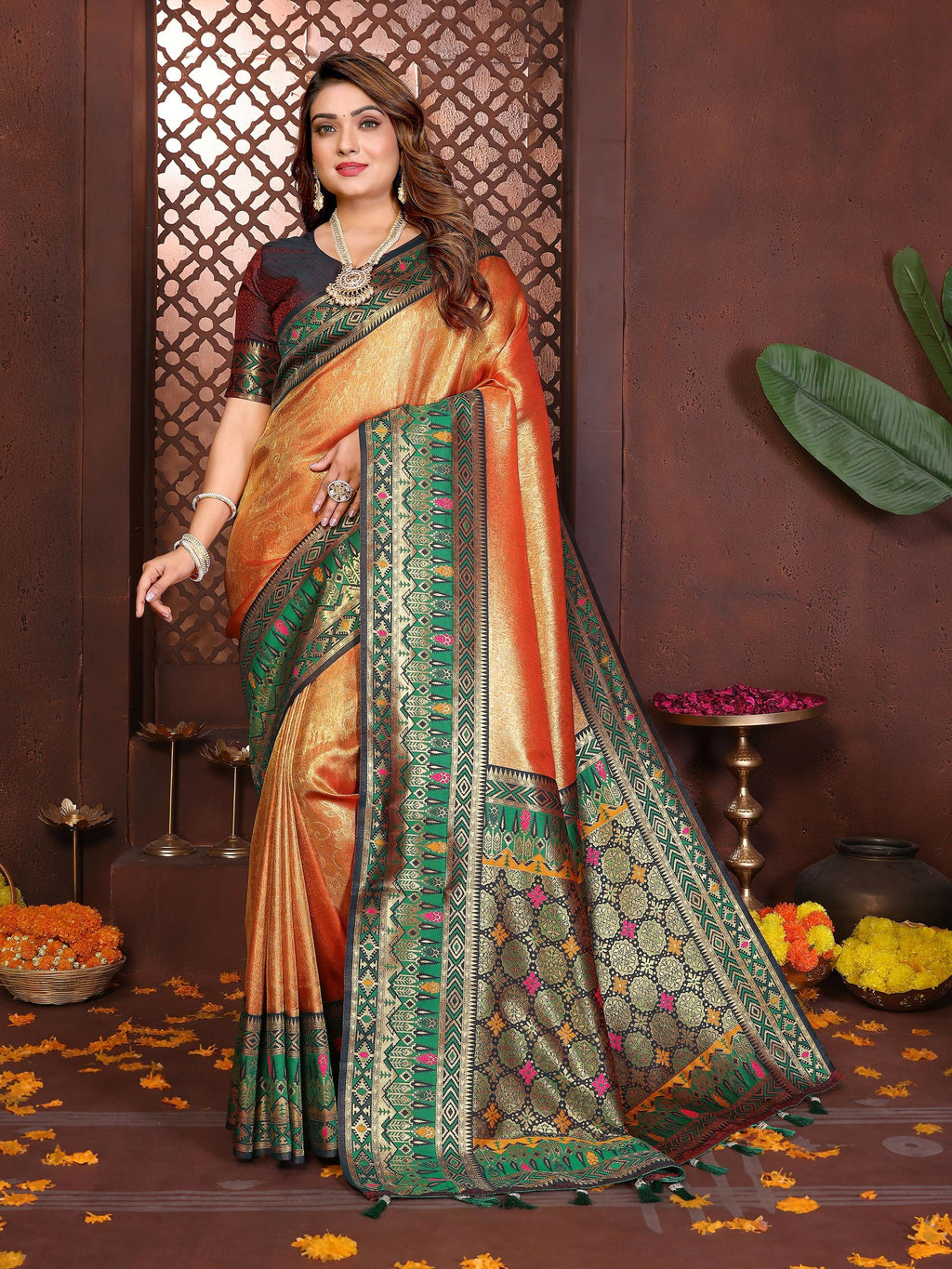 Aastha Fashion Orange Tissue Silk Weaving Saree | Grocsy