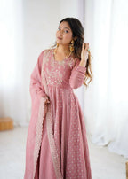 Teeya Creation Baby Pink Color Heavy Crunchy Silk Embroidery Work Gown | Grocsy