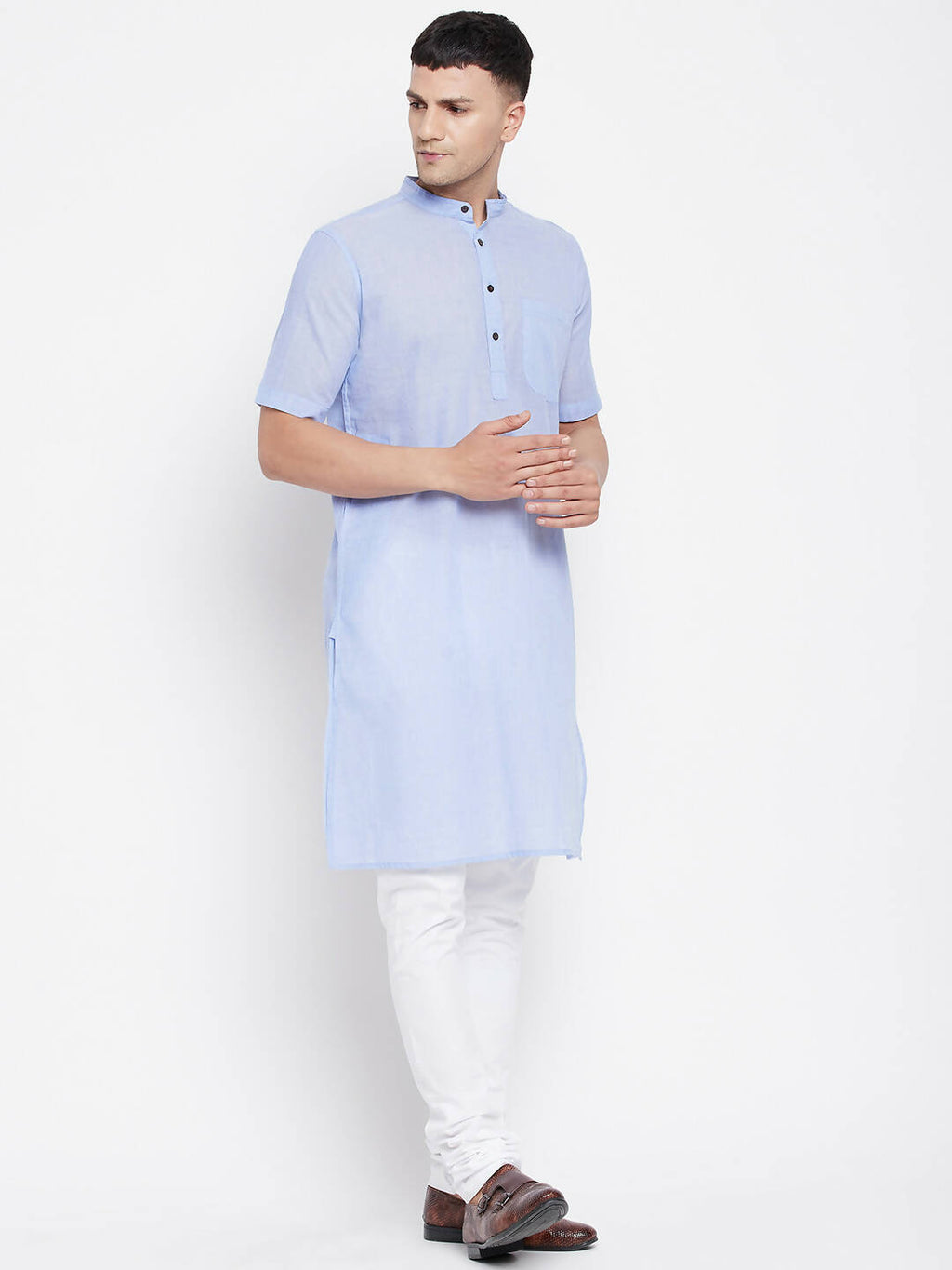 Even Apparels Blue Pure Cotton Men's H/S Kurta With Band Collar | Grocsy