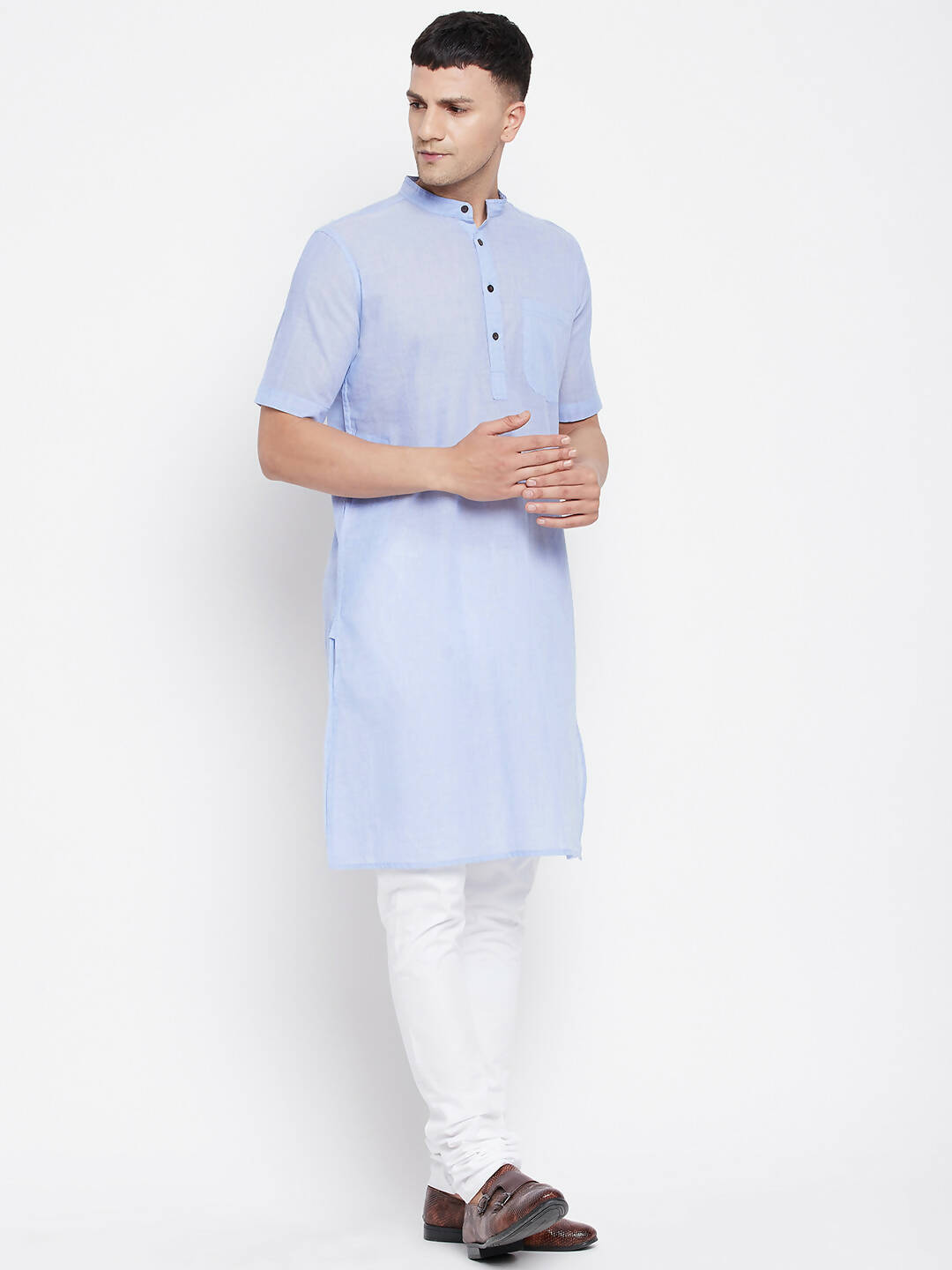 Even Apparels Blue Pure Cotton Men's H/S Kurta With Band Collar | Grocsy