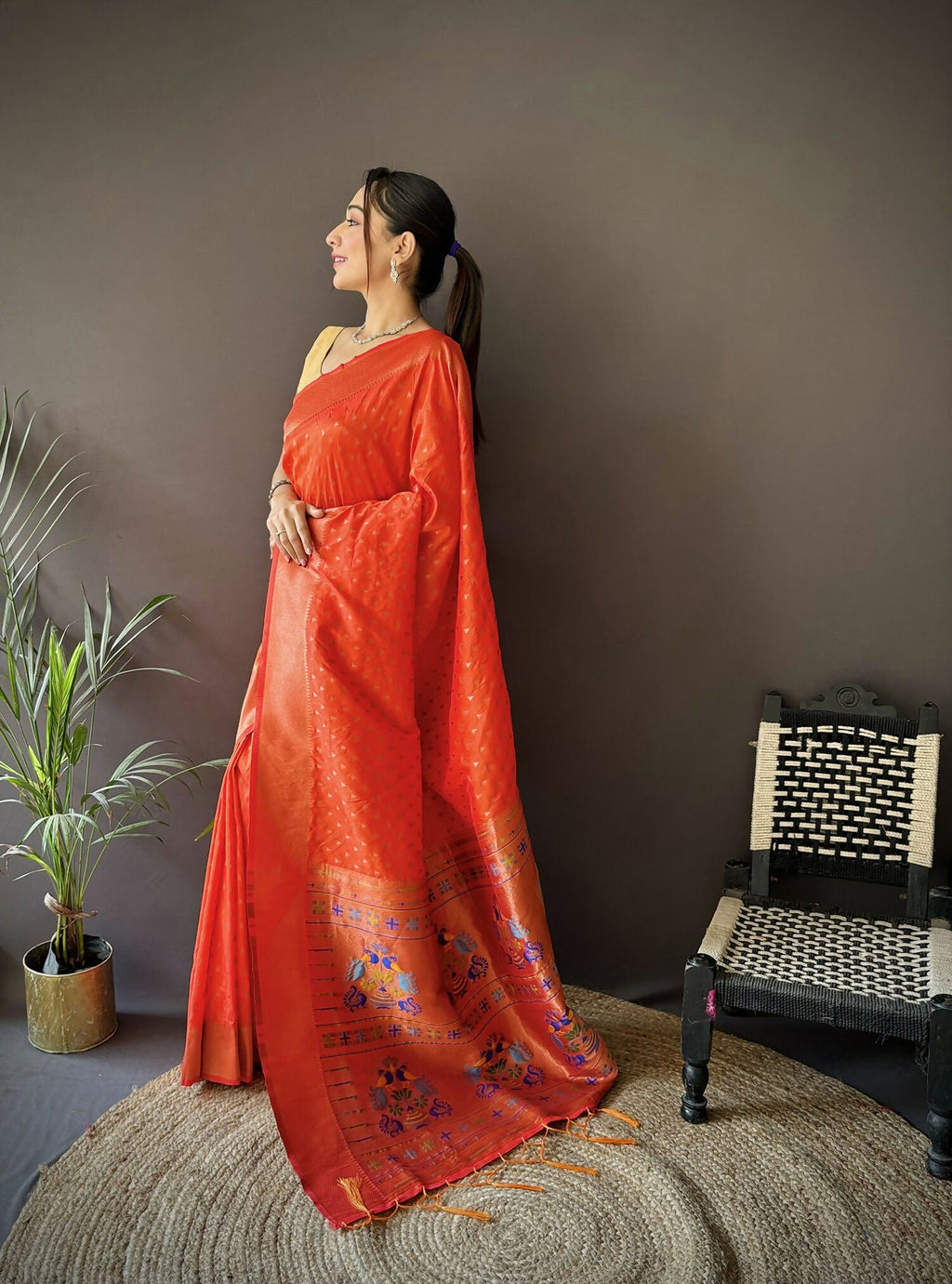 Joban Fashion Orange Jacquard Butti Soft Lichi Silk Paithani Saree | Grocsy