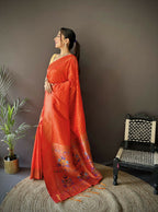 Joban Fashion Orange Jacquard Butti Soft Lichi Silk Paithani Saree | Grocsy