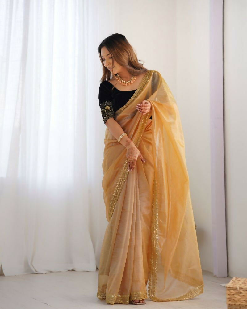 Attrctive Looking Gold Jari, Sequance Embroidery Work Twill Net Party Wear Saree - Gold | Grocsy