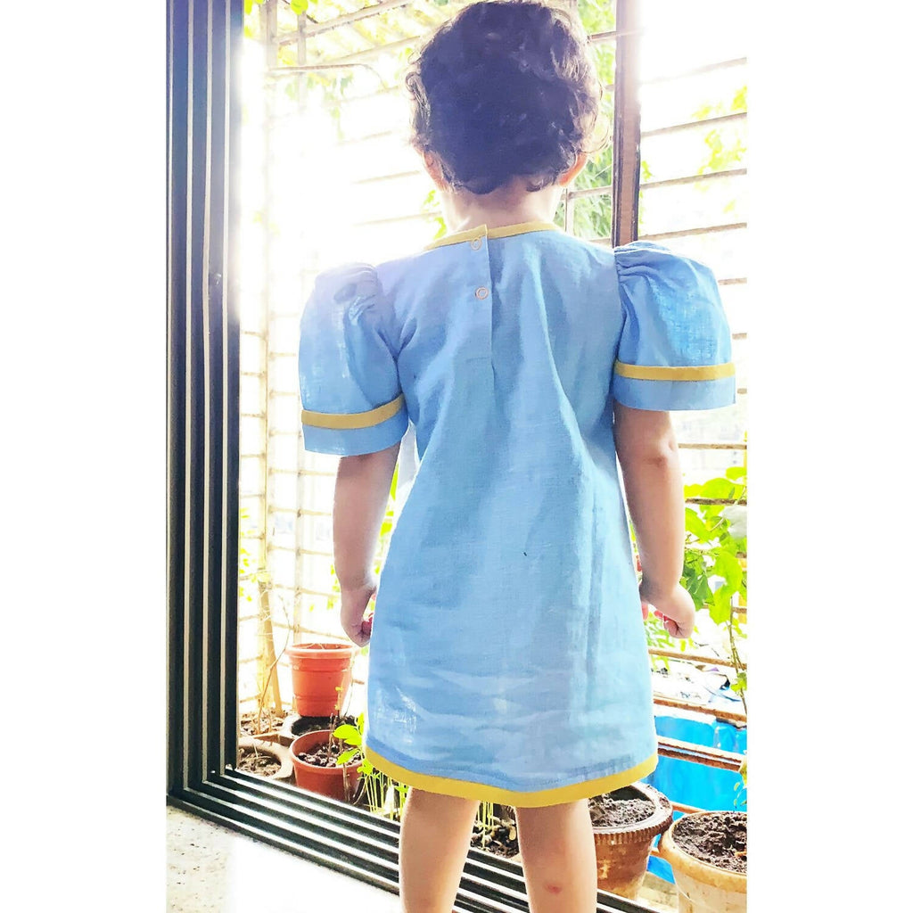 Mhyssa Blue Puff Sleeve A-line Frock | Grocsy