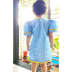 Mhyssa Blue Puff Sleeve A-line Frock | Grocsy