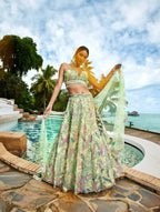 House of Panchhi Lime Green Organza Sequins And Mirror Embroidery Lehenga Choli & Dupatta | Grocsy
