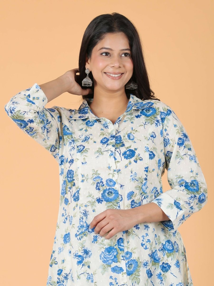 Aramya White Textured Cotton Floral Print High Low Kurta Set for Women | Grocsy