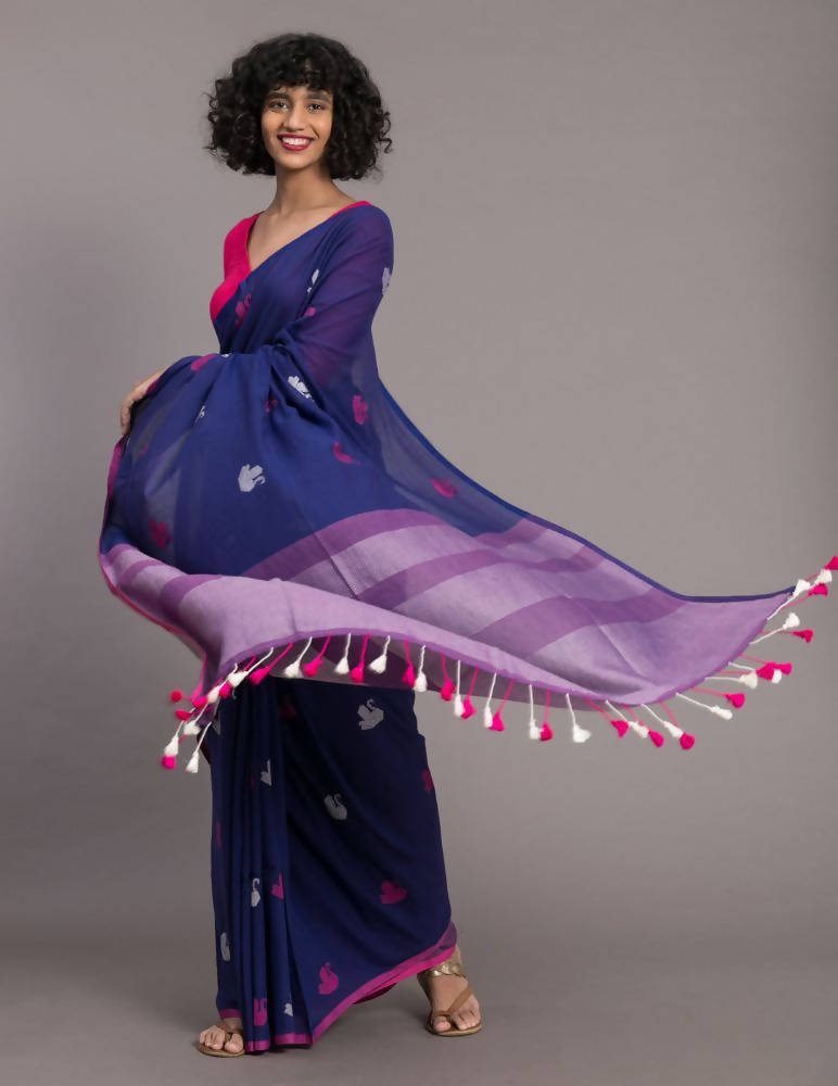 Suta Blue Pink Ethnic Motifs Handloom Cotton Woven Saree | Grocsy