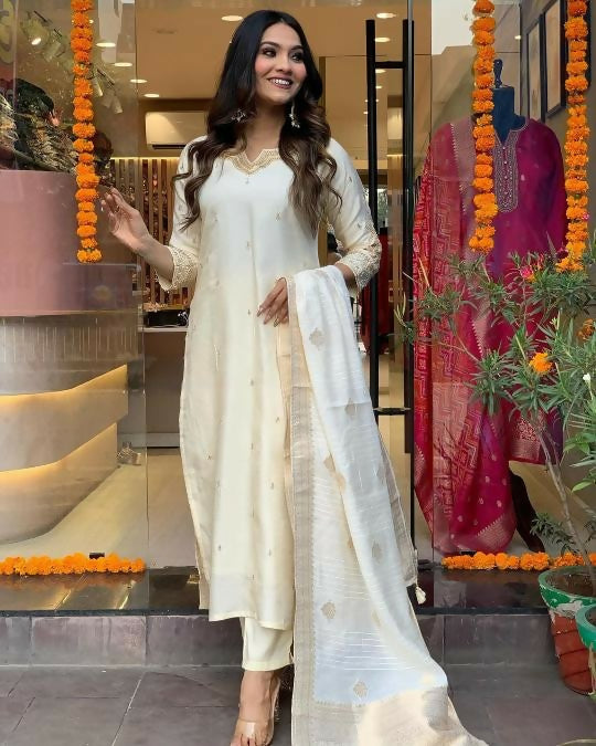 The52 White Beautiful Embroidered Viscose Chanderi Fabric Straight Kurta Pant with Dupatta Set | Grocsy