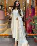 The52 White Beautiful Embroidered Viscose Chanderi Fabric Straight Kurta Pant with Dupatta Set | Grocsy