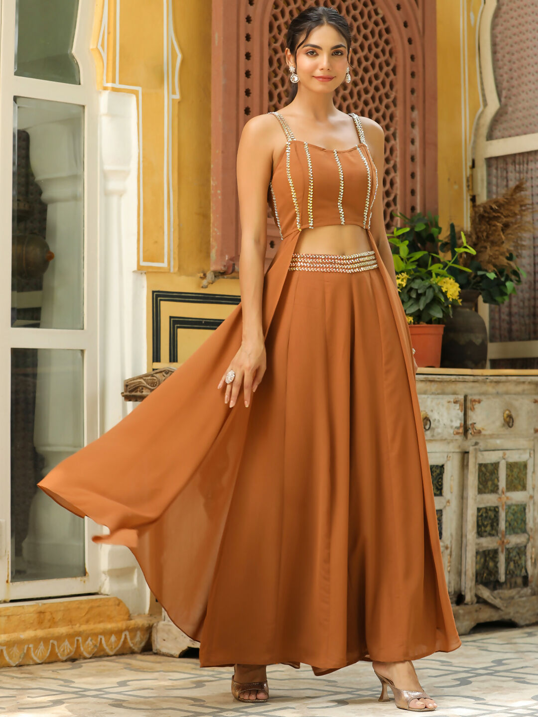 Janasya Brown Georgette Embellished Co-Ords | Grocsy