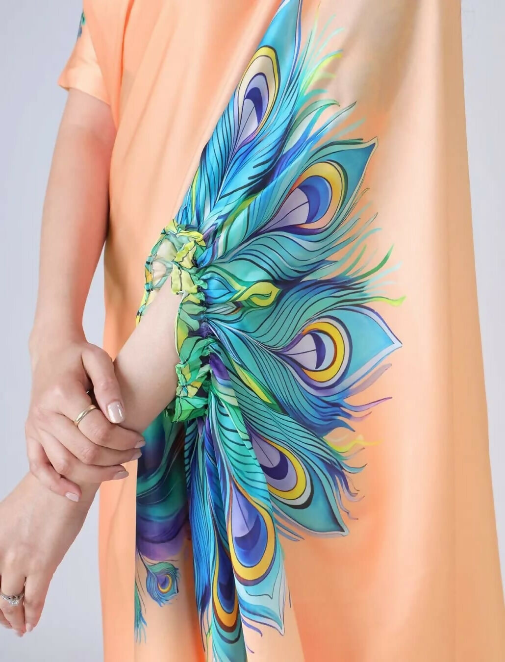 Vastranavya Peach Peacock Print Free Hand Ready to Wear Saree | Grocsy