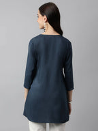 Teal Poly Cotton Yoke Sequence Embroidered A-line Top - Bosky | Grocsy
