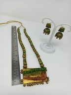 Terracotta Green and Gold Kerala Style Rowing Boat Pendant Long Necklace Set with Temple Earrings | Grocsy