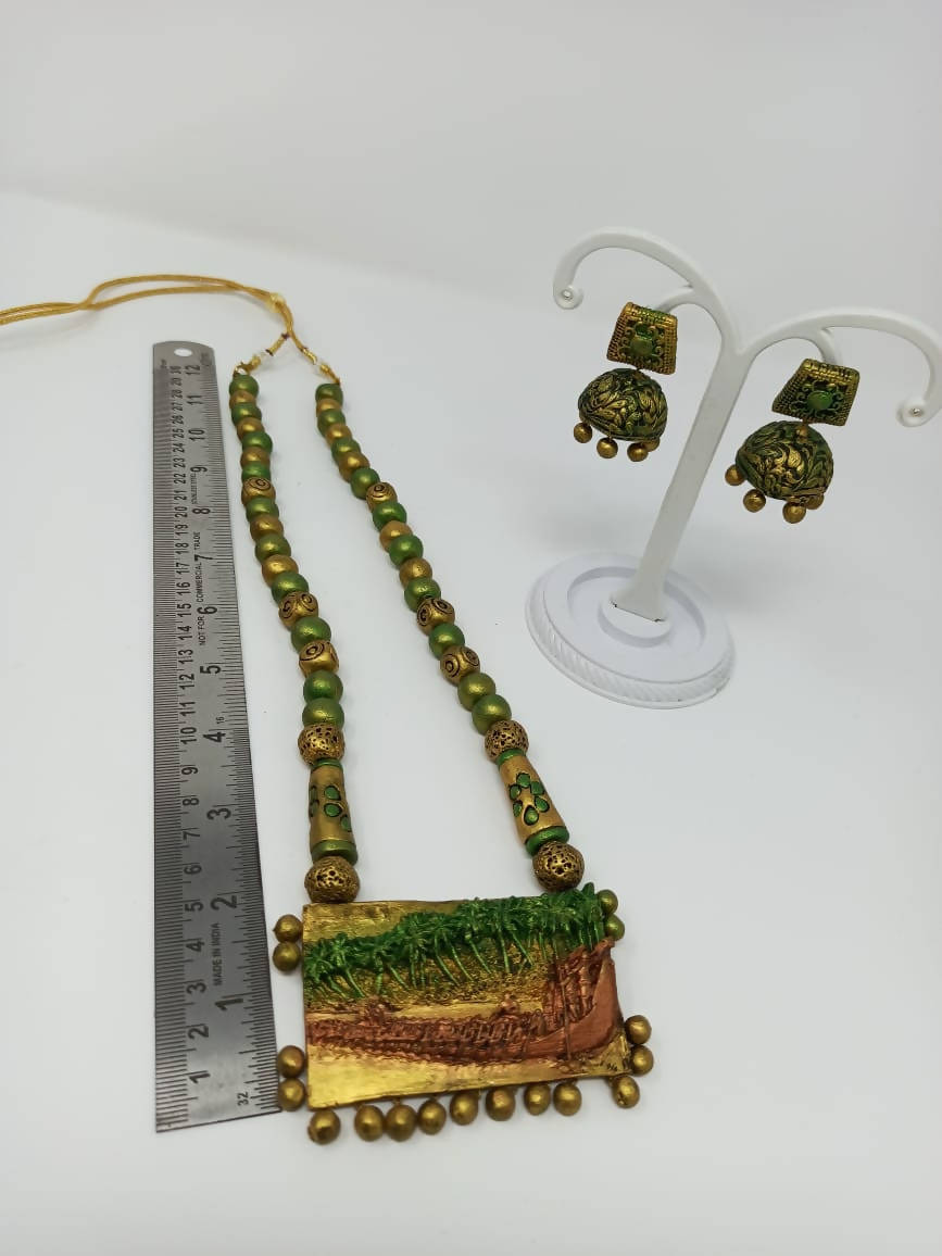 Terracotta Green and Gold Kerala Style Rowing Boat Pendant Long Necklace Set with Temple Earrings | Grocsy