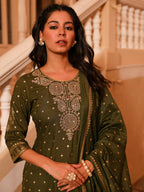 Juniper Women's The Swarn Olive Ethnic Motif Printed Rayon Kurta Pant And Dupatta With Zari Work & Sequins | Grocsy