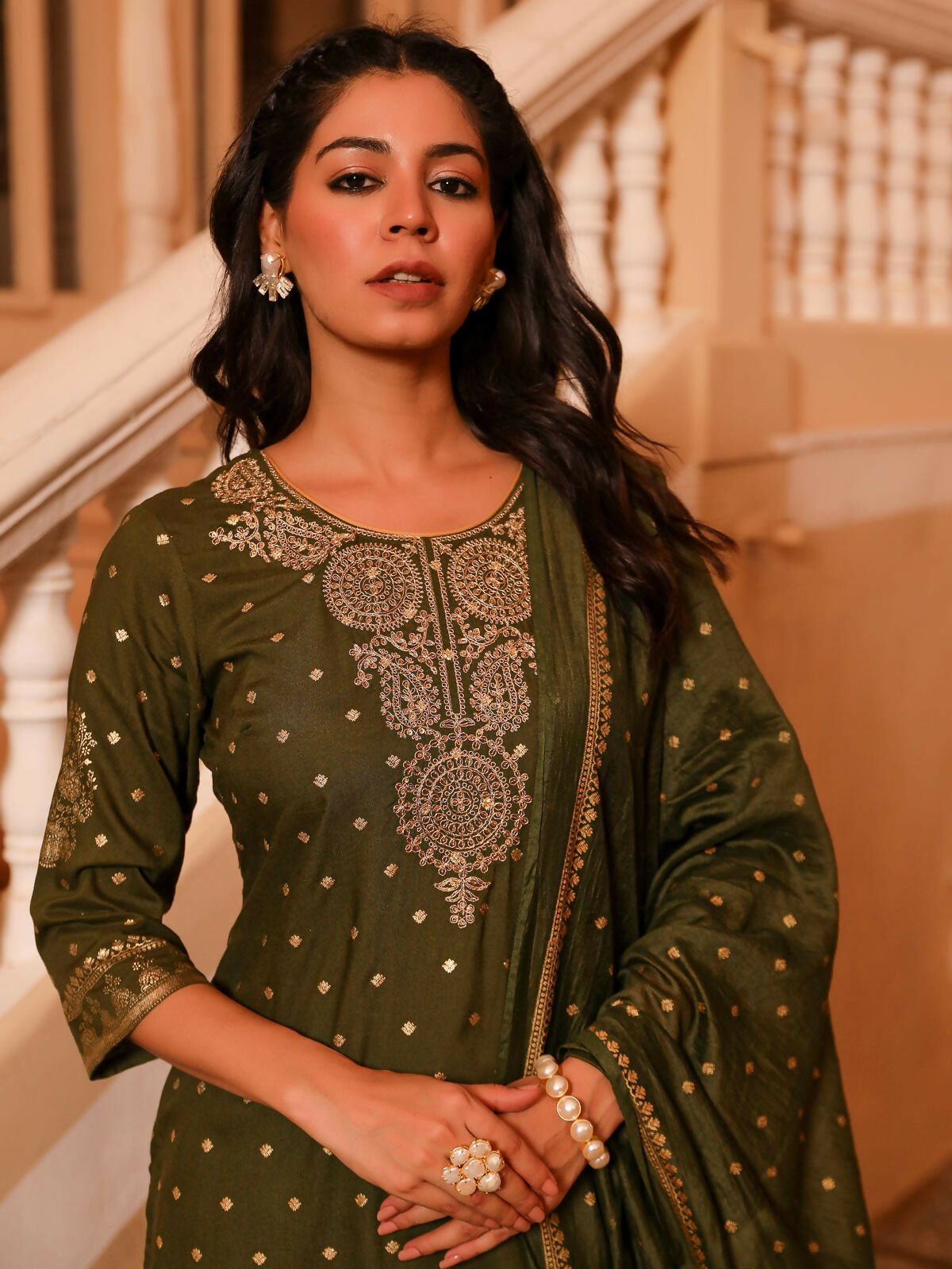 Juniper Women's The Swarn Olive Ethnic Motif Printed Rayon Kurta Pant And Dupatta With Zari Work & Sequins | Grocsy