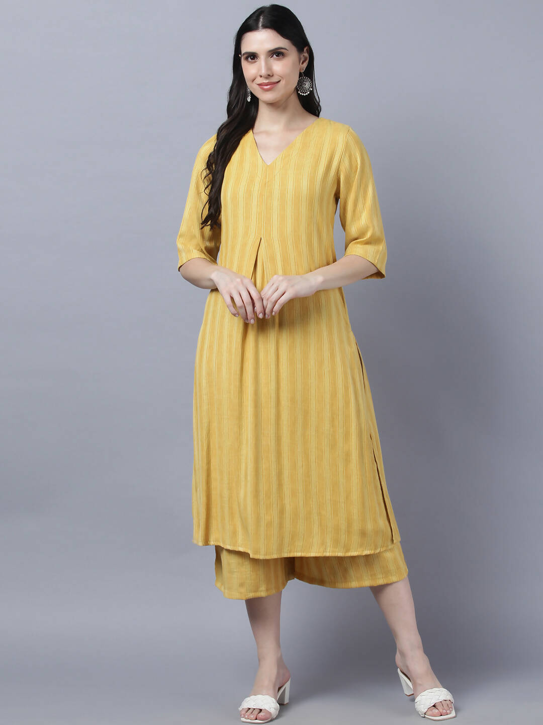 Myshka Stylish Yellow Cotton 3/4 Sleeve Women's Kurta Palazzo Set | Grocsy