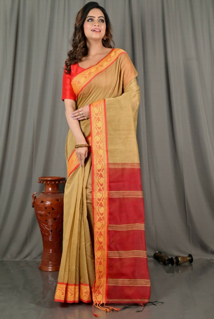 Exclusive Collection Beautiful Khadi Cotton Brown Handloom Saree | Grocsy