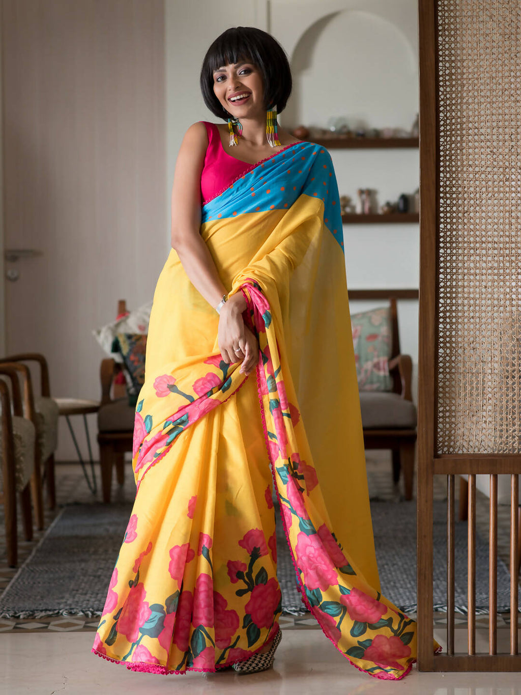 Suta Yellow Floral Pure Cotton Saree | Grocsy