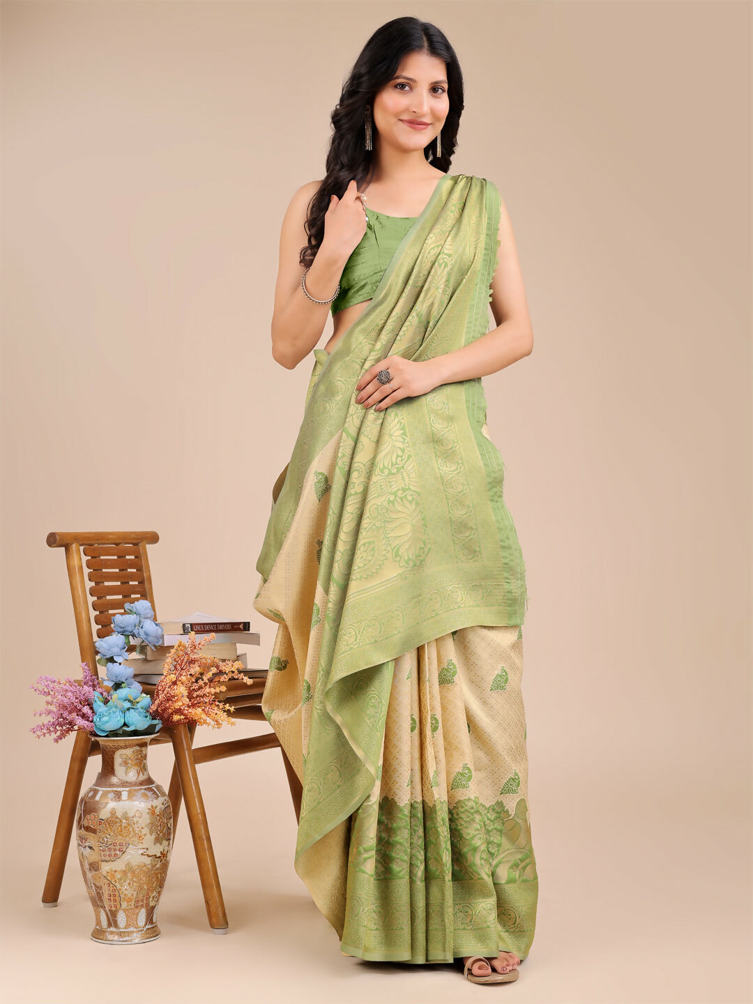 Shree Shyam Fashion Banarasi Silk Cream & Light Green Saree | Grocsy