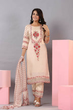 Juniper Women Ecru Muslin Floral Printed Kurta, Pants and Dupatta Set | Grocsy
