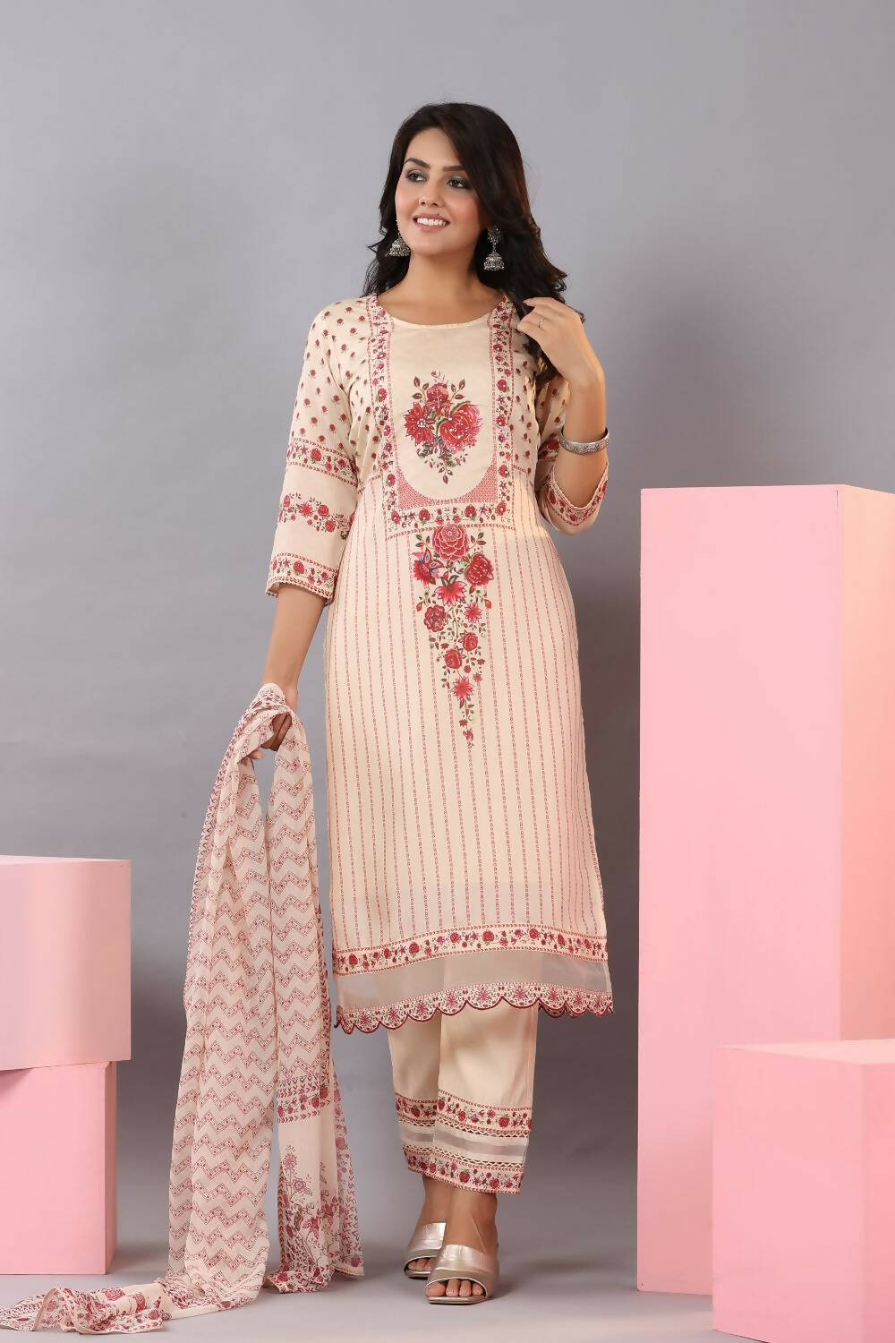 Juniper Women Ecru Muslin Floral Printed Kurta, Pants and Dupatta Set | Grocsy