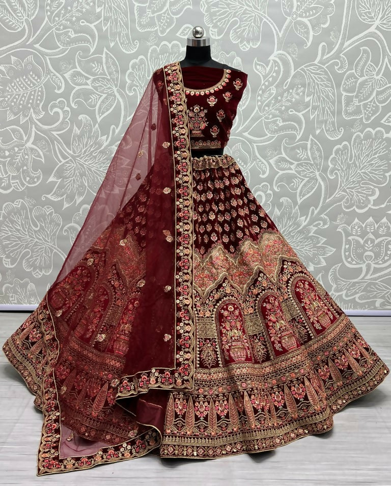 Jyoti Fashion Women's Maroon Velvet Multi Thread Embroidered with Zircon Diamond Wedding Lehenga Choli | Grocsy