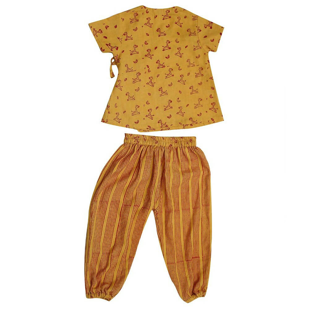 Mhyssa Zeke Half Sleeve Wrap Style Yellow and Red T-shirt With Long Pant Set For Kids | Grocsy