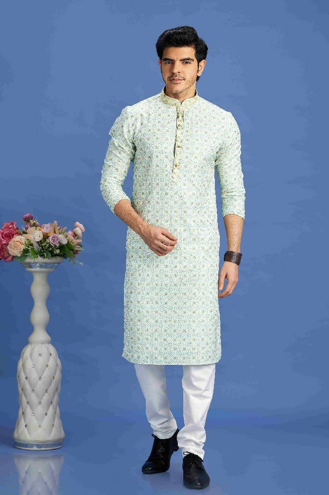 Raivat Ethnic Cotton Embroidery Kurta Pajama In Sea Green Colour | Grocsy