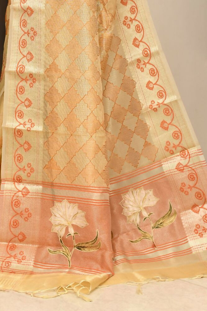 Joban Fashion Light Orange Saree Kota Tissue With Embroidery And Applick Anchal | Grocsy