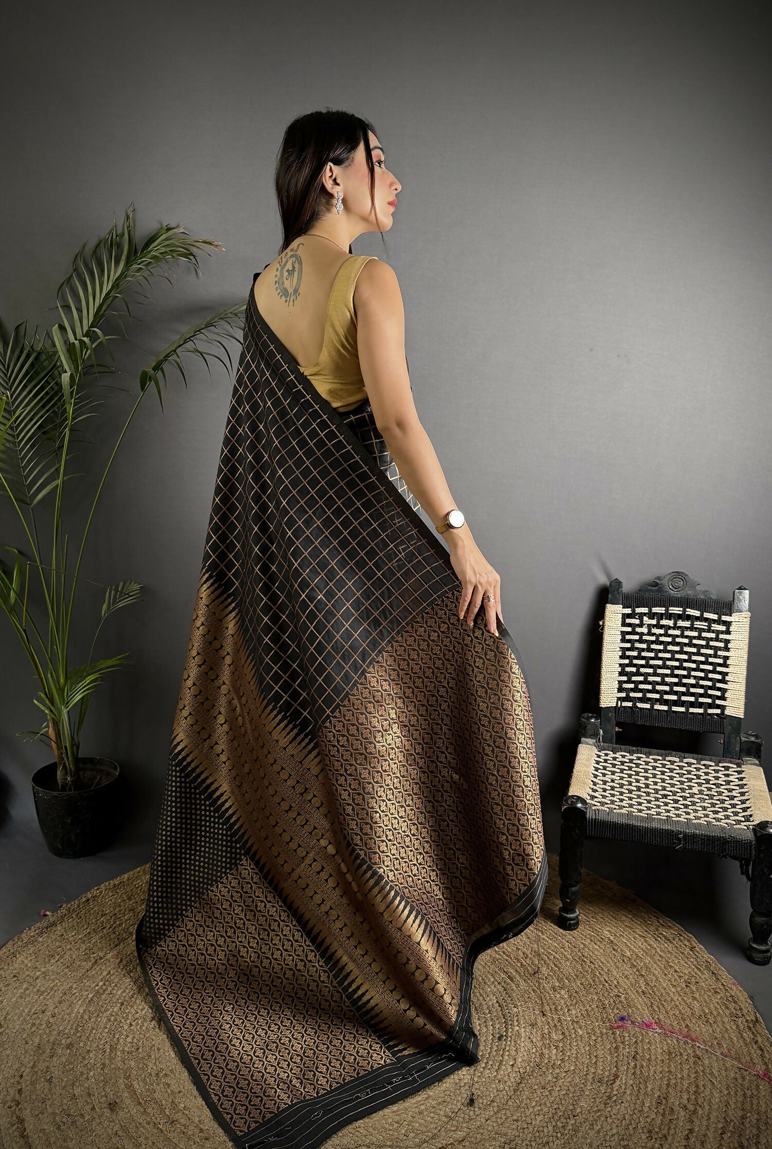 Joban Fashion Black Banarasi Soft Lichi Silk Checks & Woven Saree | Grocsy