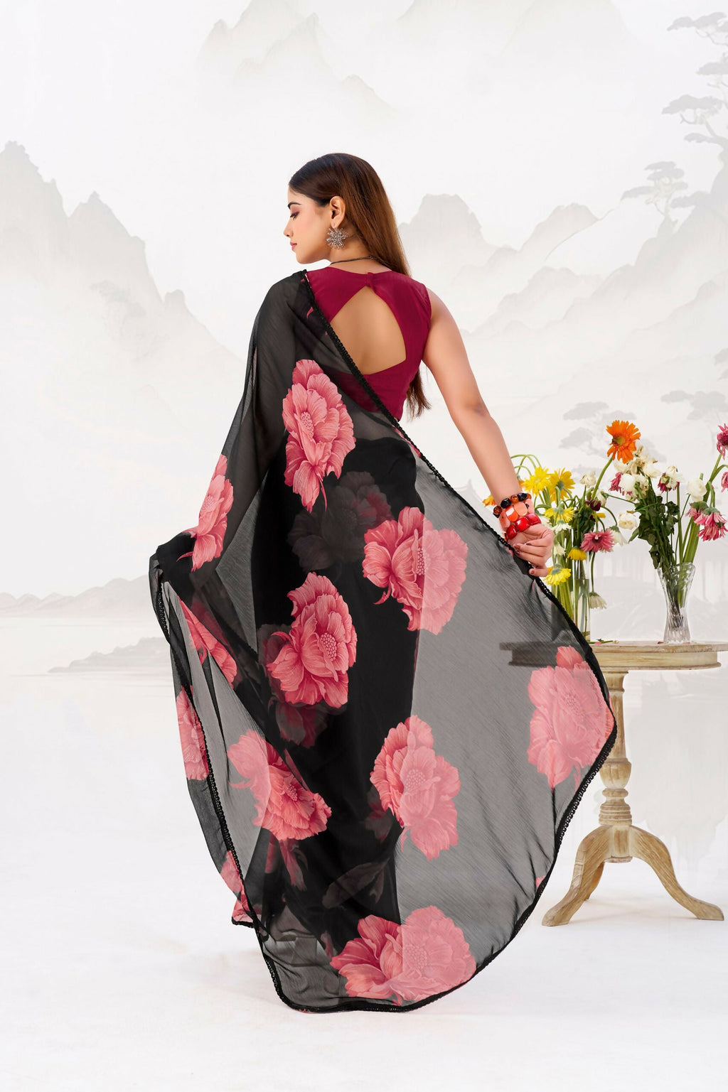 Vastranavya Black Floral Print with Lace Border work Chiffon Saree & Unstitched Blouse | Grocsy