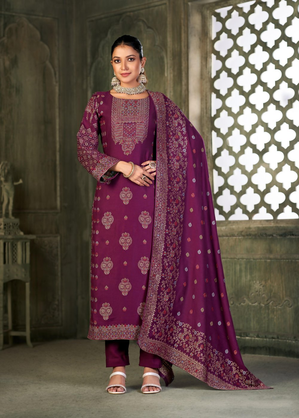 Purple Viscose Pasmina Mina Work Kurta & Bottom with Dupatta - Paridhi | Grocsy