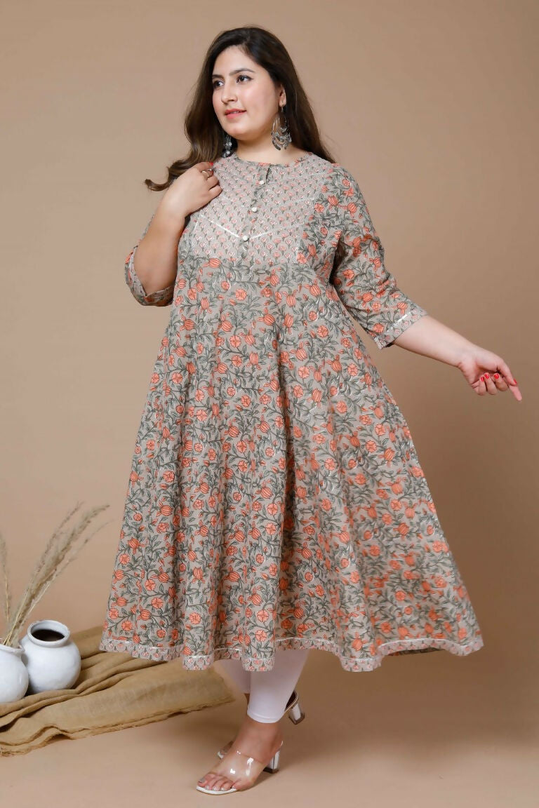Miravan Women's Plus Size Camel Brown Gotta Patti Pure Cotton Anarkali Kurta | Grocsy