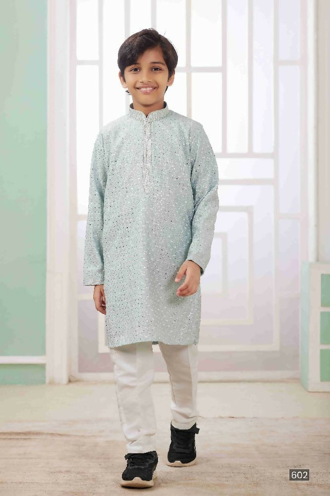 Raivat Ethnic Art Silk Embroidery Work Kids Kurta Pajama In Mint Green Colour | Grocsy