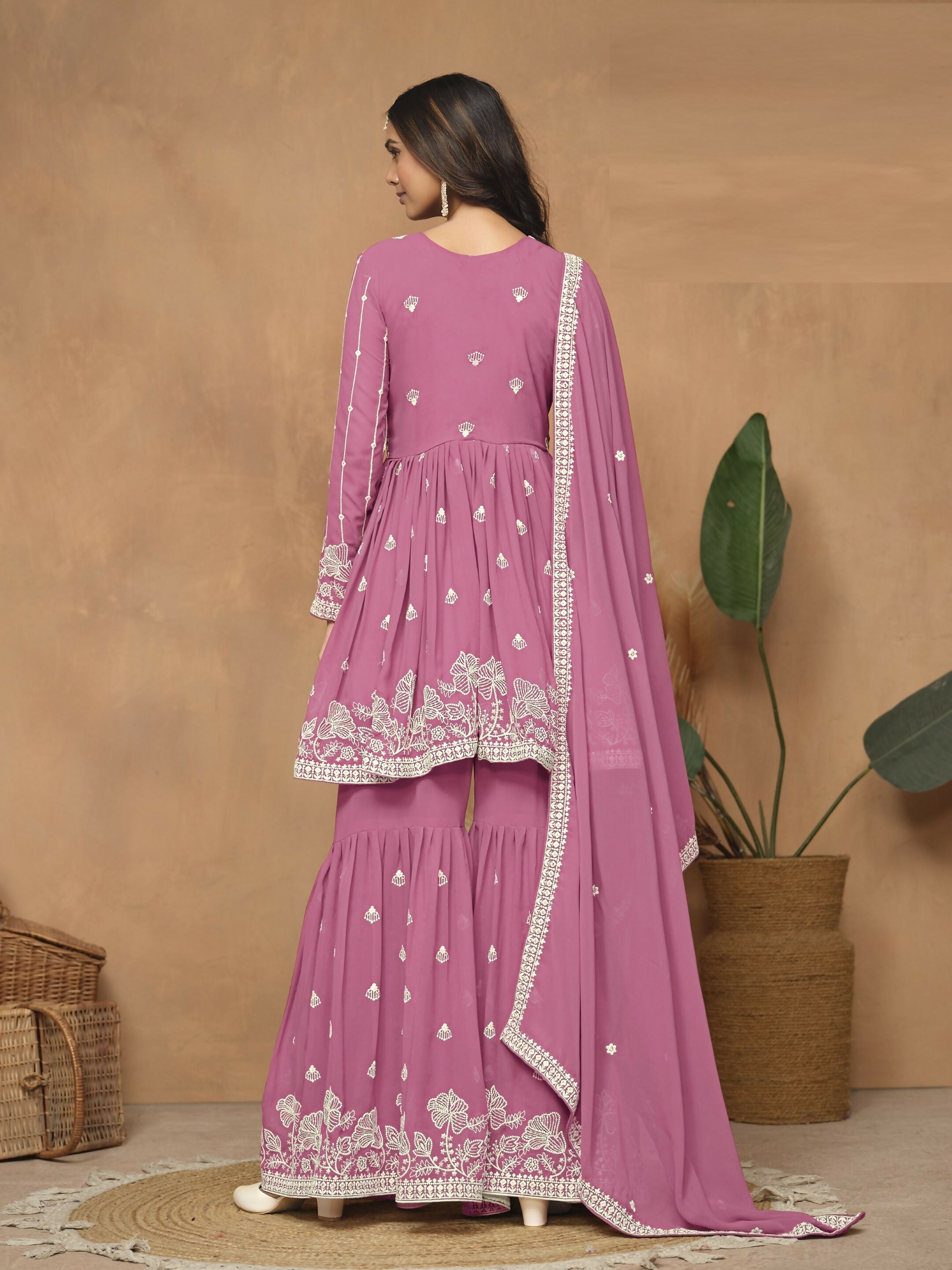 Anaita Pink Embroidered Faux Georgette Sharara Suit | Grocsy