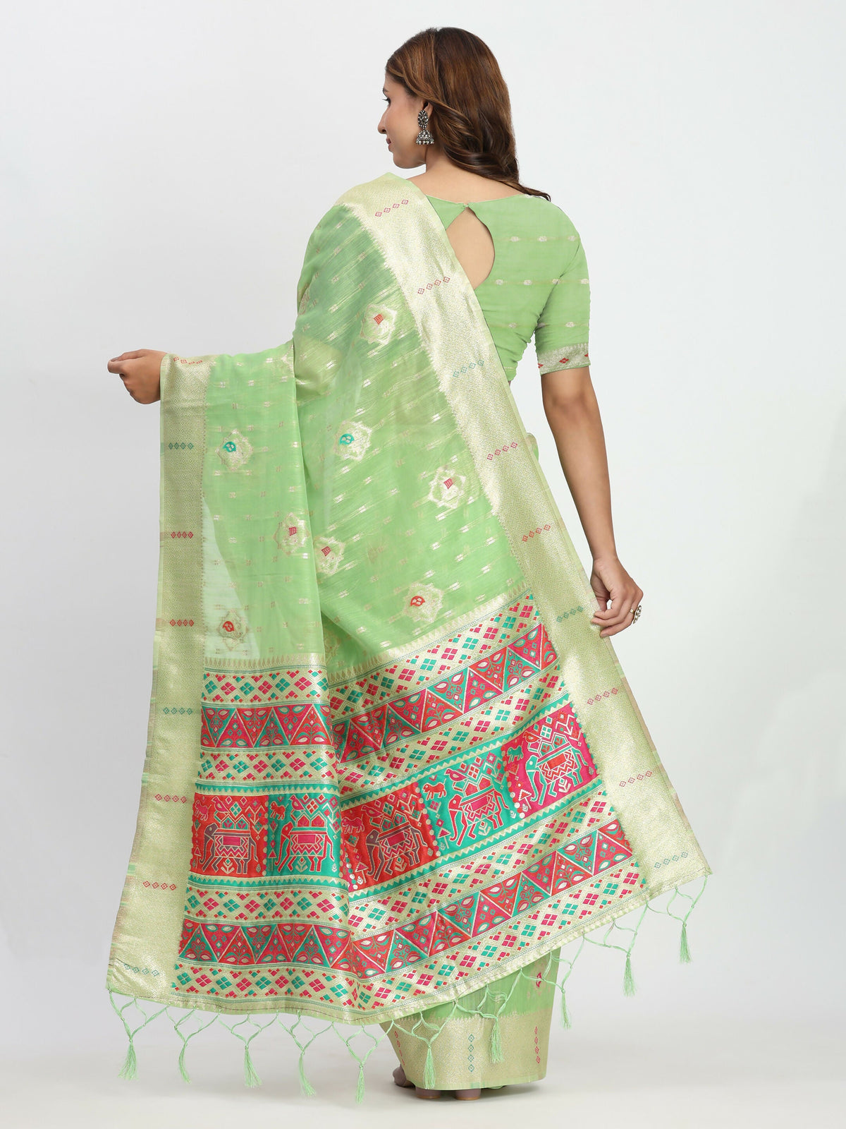 Shree Shyam Fashion Linen Cotton Light Green Saree | Grocsy