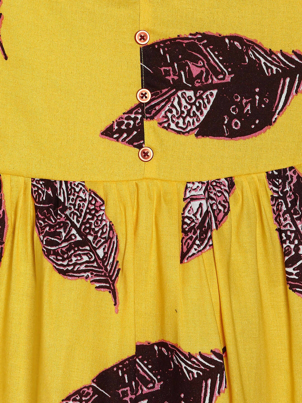 Manet Girls Cotton String Tie Frock Brown Leaf Printed - Yellow | Grocsy