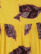 Manet Girls Cotton String Tie Frock Brown Leaf Printed - Yellow | Grocsy