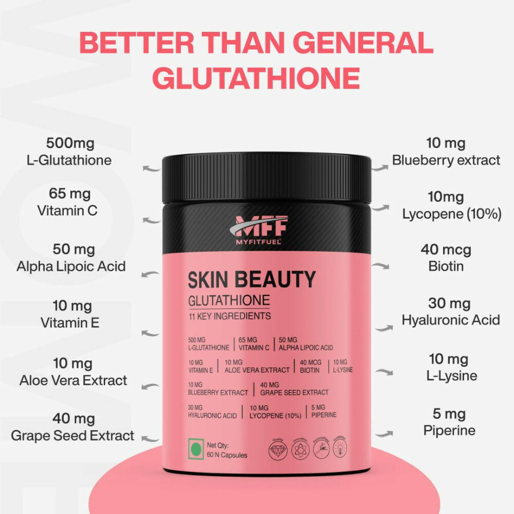MyFitFuel Skin Beauty Glutathione + Lycopene, Vitamin C & E, Hyaluronic Acid, Biotin Capsules | Grocsy