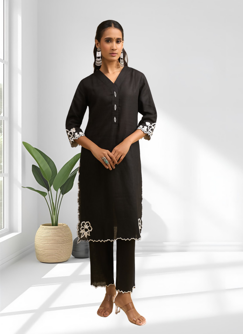 Joban Fashion Black Linen Embroidered Readymade Long Kurta With Pant | Grocsy