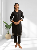 Joban Fashion Black Linen Embroidered Readymade Long Kurta With Pant | Grocsy
