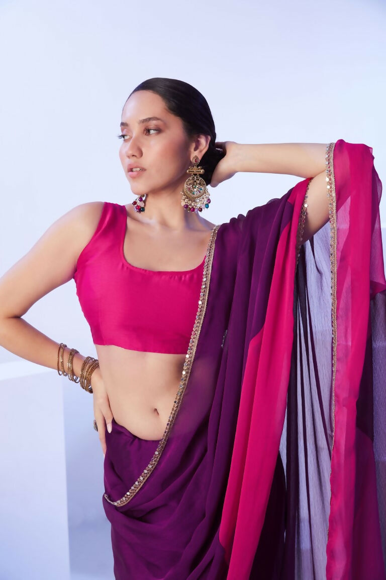 Purple Satin Moss Solid Designer & Lace Work Saree - Samaa | Grocsy