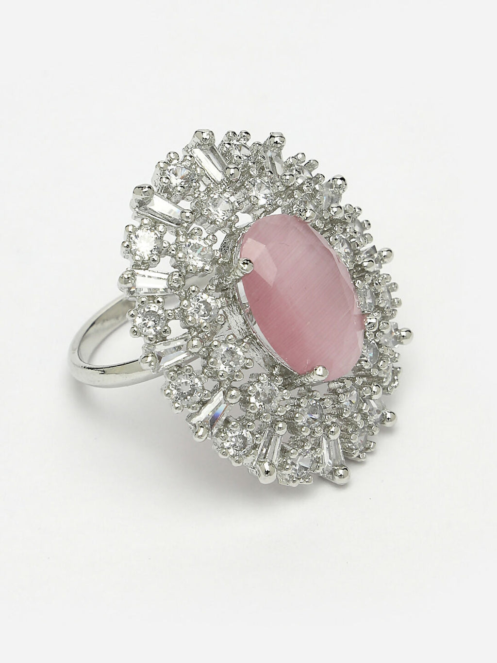 NVR Women's Pink & Silver CZ-Studded Handcrafted Adjustable Finger Ring | Grocsy