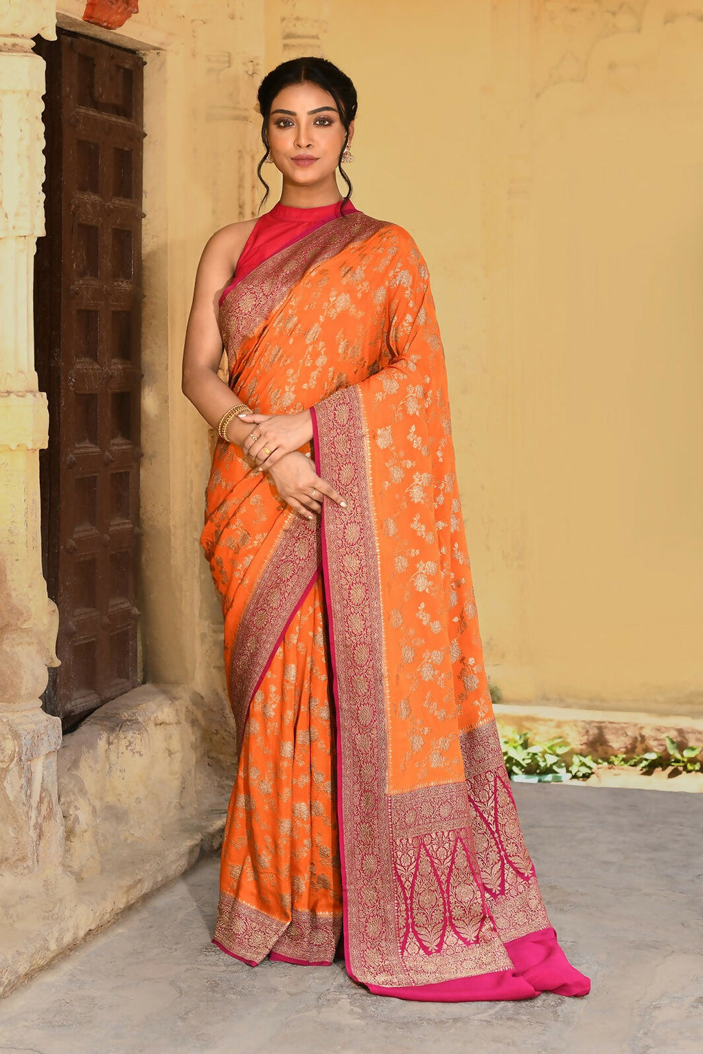 Joban Fashion Orange Crepe Chiffon Pure Handloom Banarasi Silk Saree | Grocsy